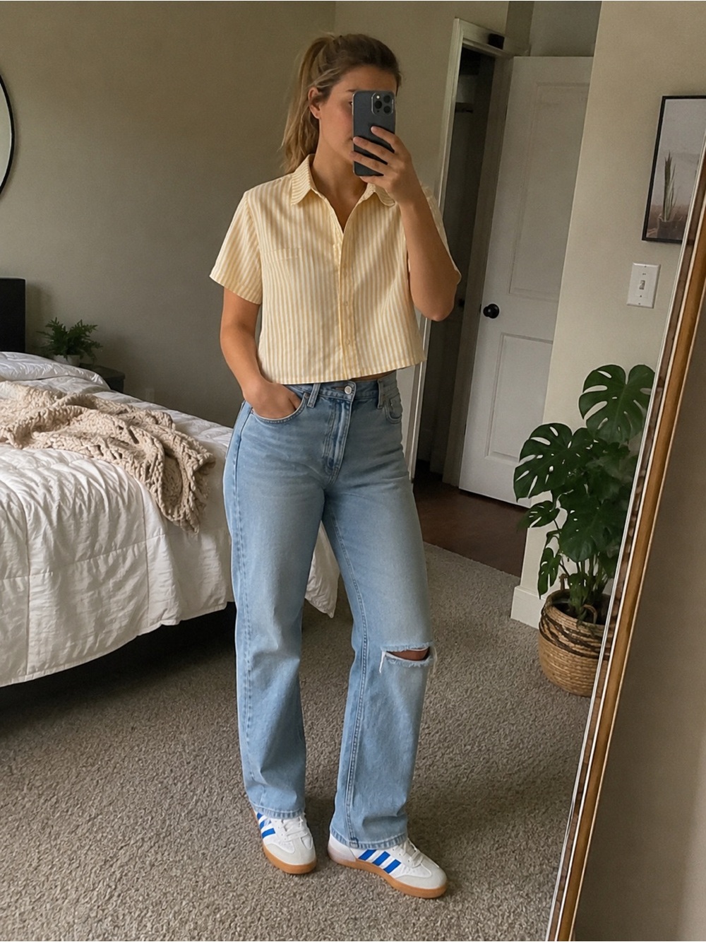 Yellow Striped Cropped Button-Front Shirt - Womens